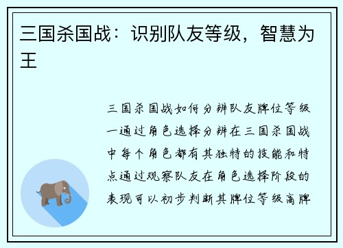 三国杀国战：识别队友等级，智慧为王